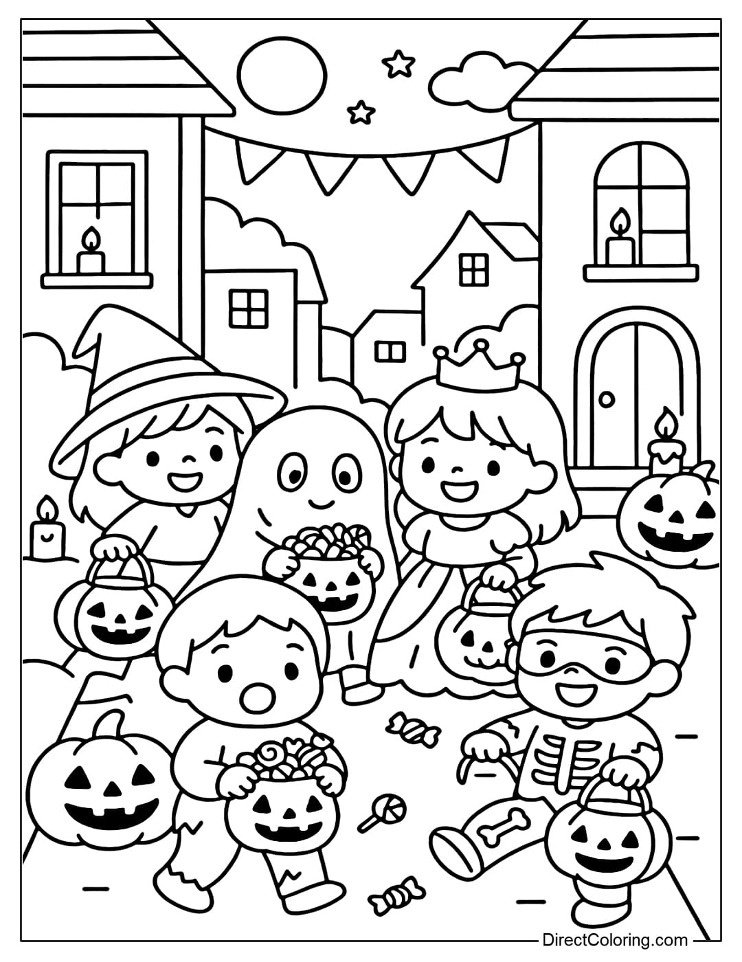 Coloring page of a Halloween street with many children in different costumes going trick-or-treating.
