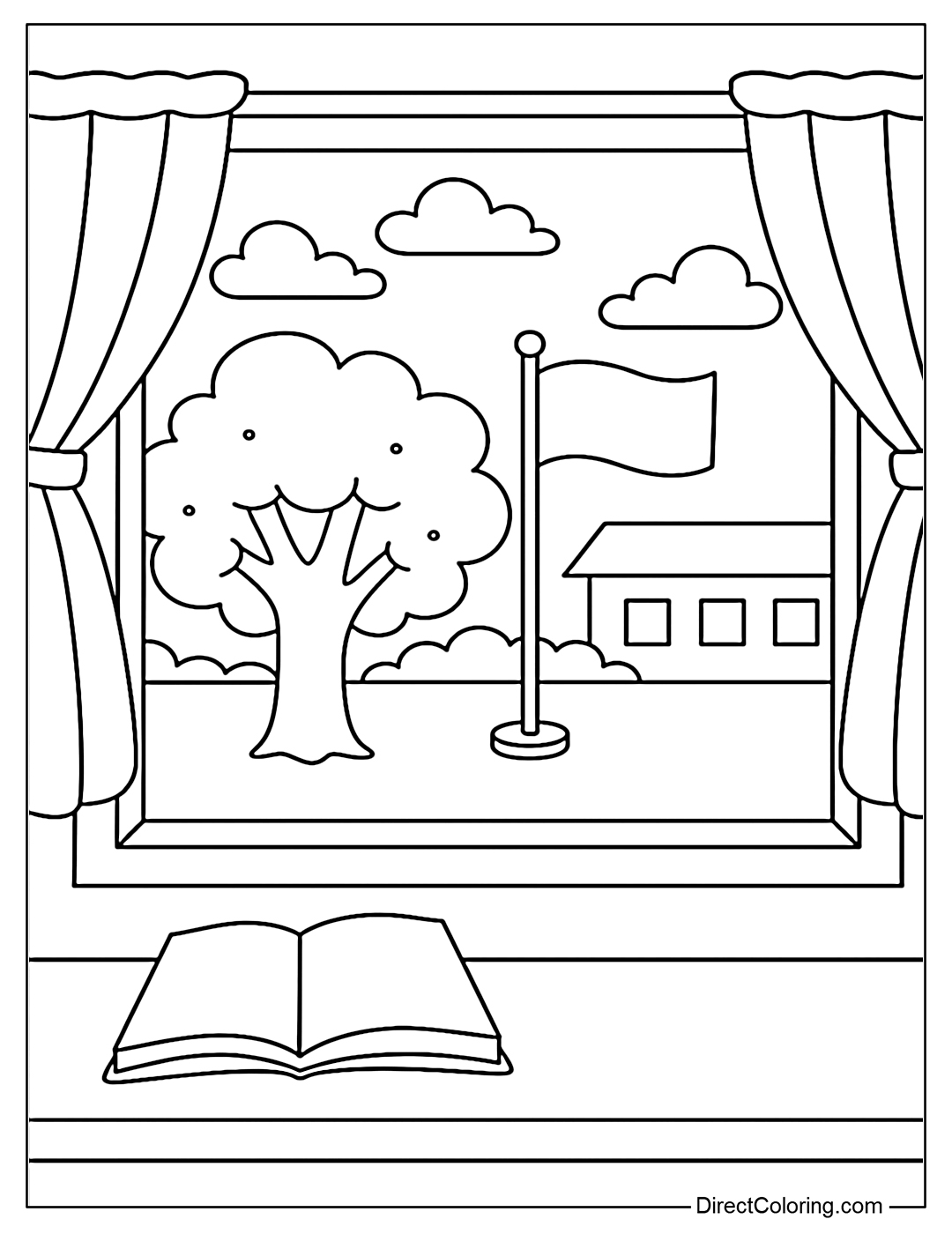A coloring page of a view from a classroom window to the school yard with trees, flags, and clouds.