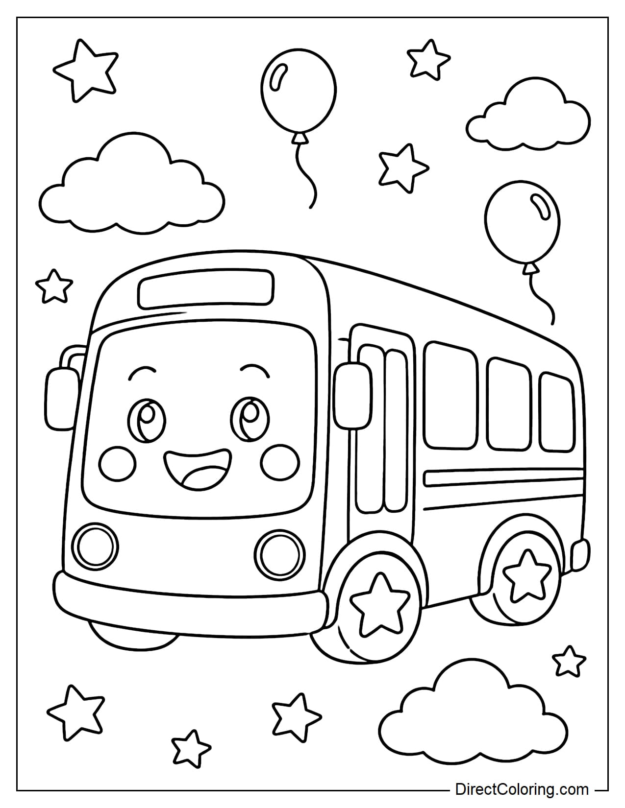 A school bus with a big smiley face, star-shaped wheels, surrounded by stars, bubbles, and clouds.