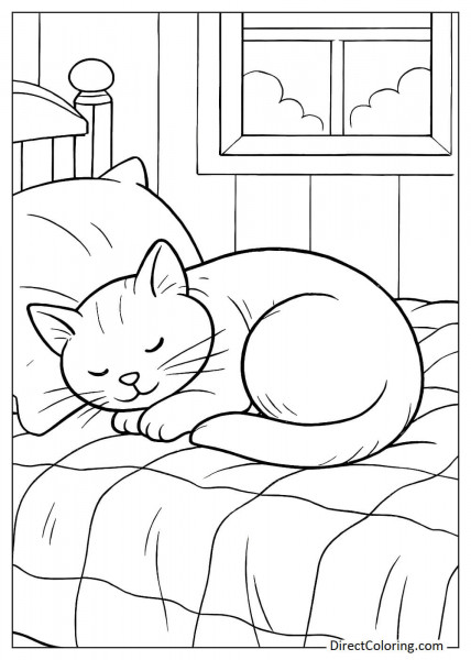 Cat sleeping in a cozy bed coloring sheet