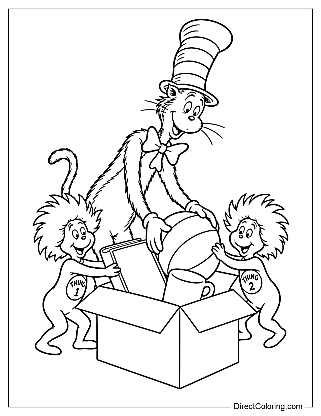 The Cat in the Hat bends down to gather a few large objects into an open box while Thing 1 and Thing 2 help push the objects inside from both sides.