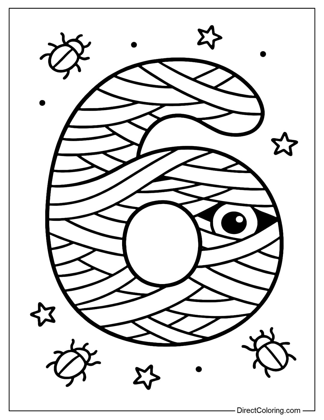 Halloween number 6 coloring page is wrapped in a mummy bandage, next to it is a big eye looking out from the ice crack.