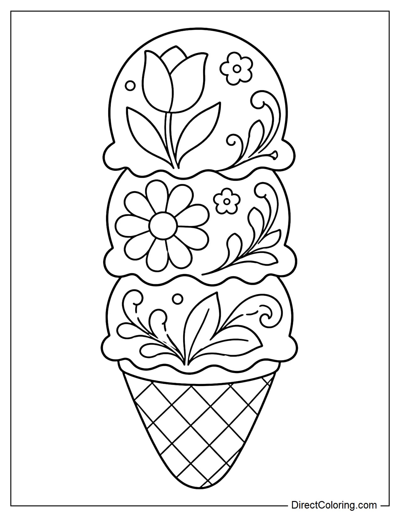 A three-tiered ice cream cone with each scoop covered in large floral patterns such as tulips, daisies, and soft, curved leaves.