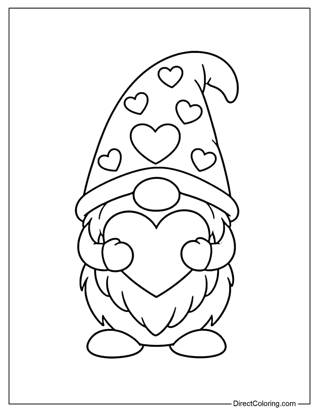 A coloring page featuring a gnome hugging a large heart in its arms.