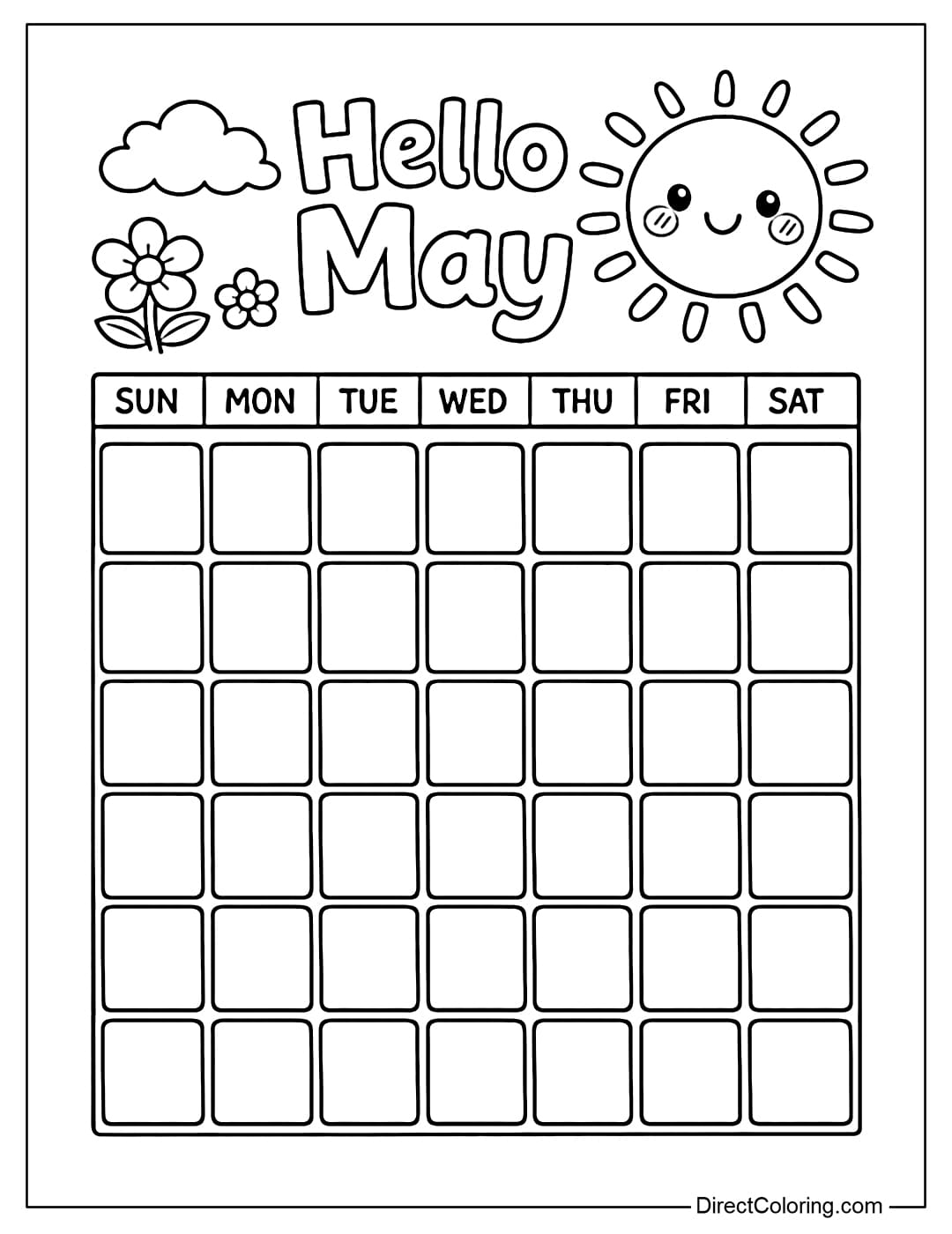 A simple May calendar with decorative details such as a sun with a cute face, flowers, and clouds.