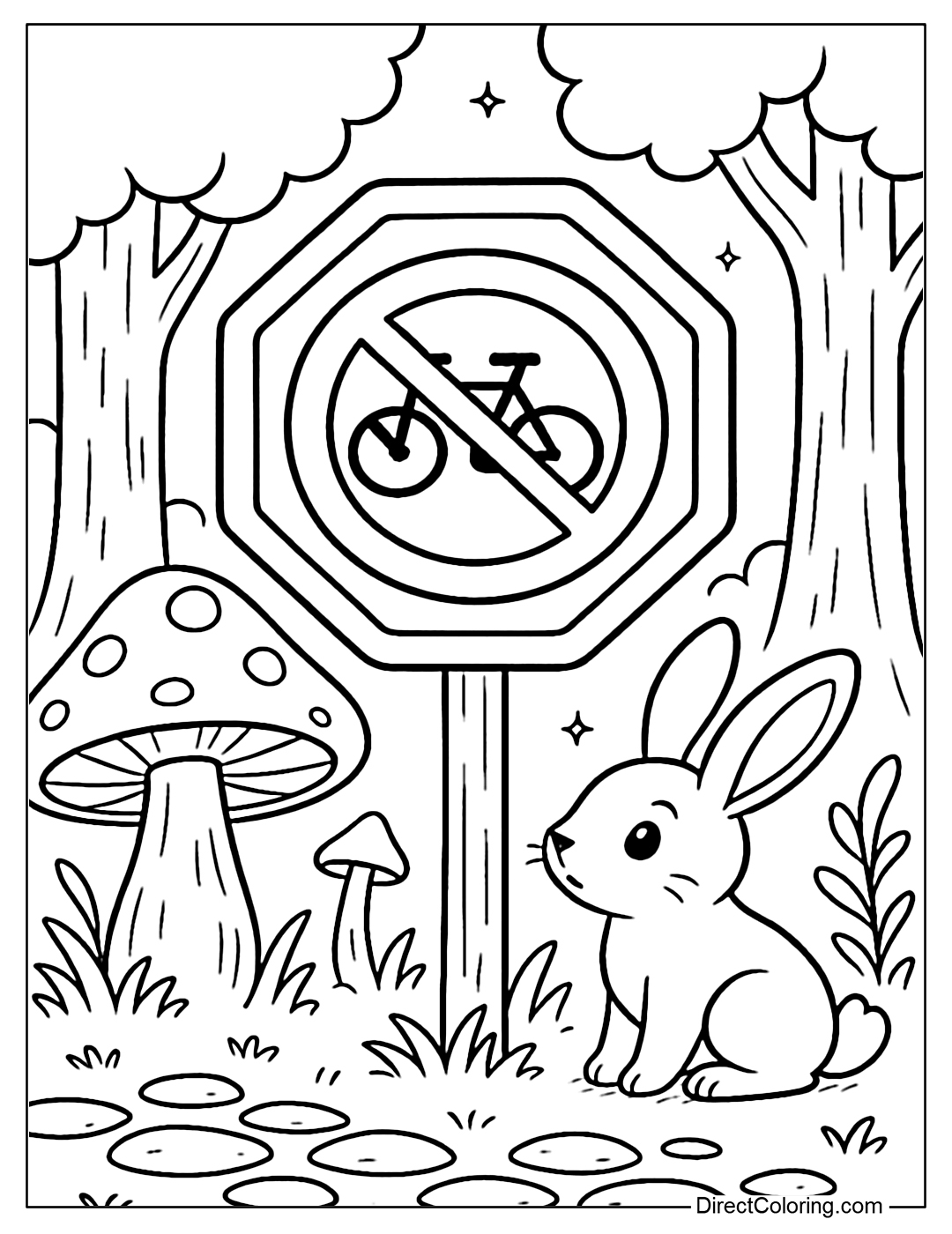 Coloring page of no bicycles sign, in the middle of the forest there are glowing mushrooms and a bunny standing watching.