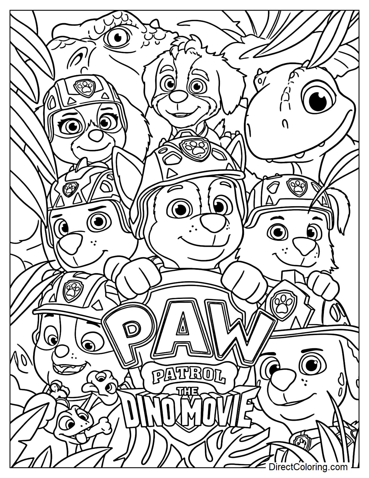 The Paw Patrol pups pose together around the Dino Movie logo, with friendly dinosaurs and jungle leaves filling the background.