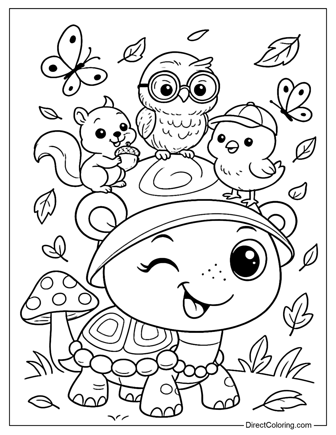 Coloring page of a turtle wearing a hat with bear ears, smiling mischievously. On the hat are three little friends: a baby squirrel holding a chestnut, an owl wearing glasses and a chick wearing a baseball cap.