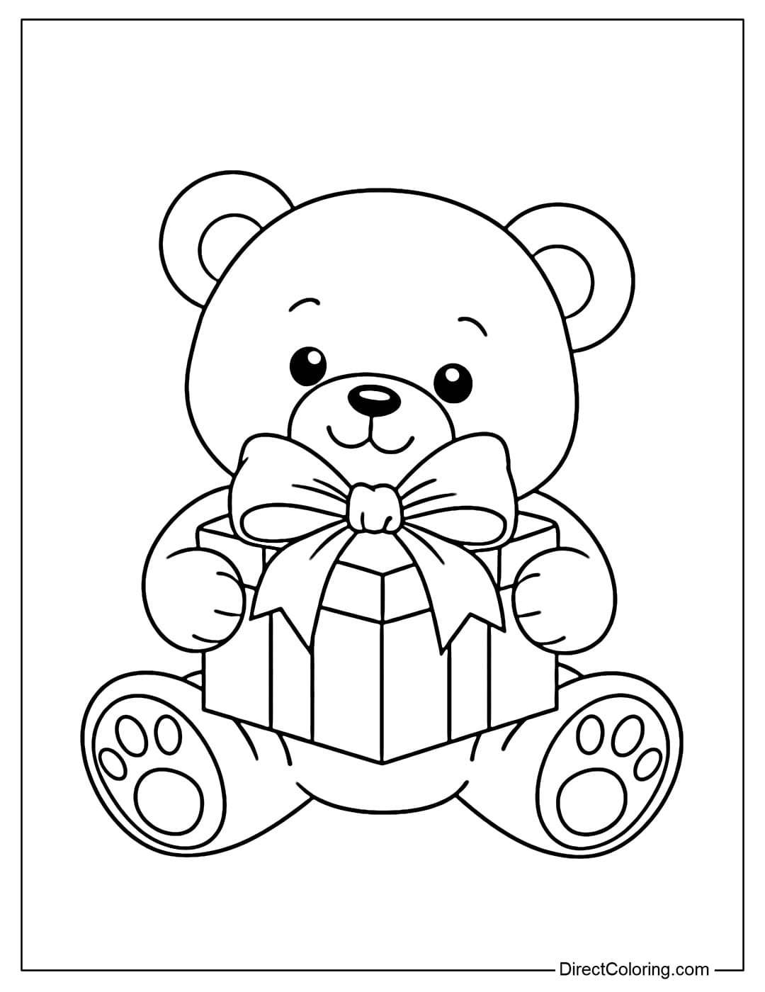Coloring page of a teddy bear holding a square gift box with a large bow.