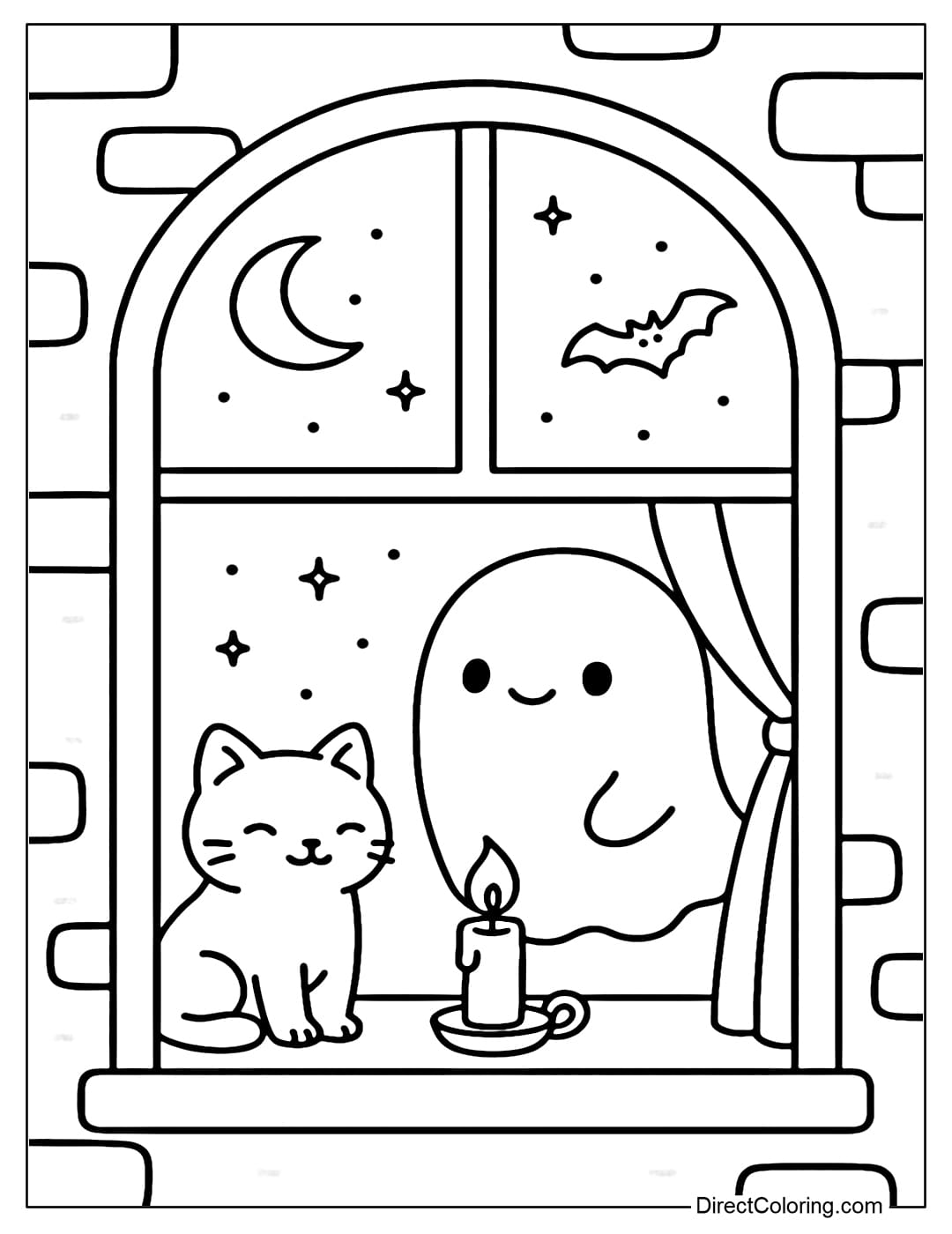 A coloring page of a scene looking through the window, inside the house are ghosts, cats, and warm candlelight shining out into the night sky.