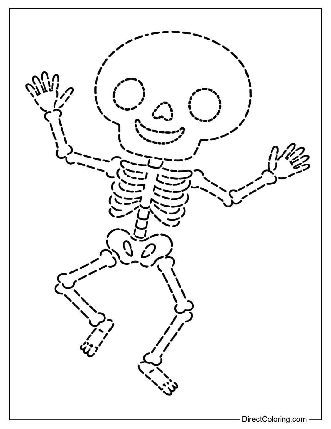 Coloring page of a small skeleton tracing dancing.