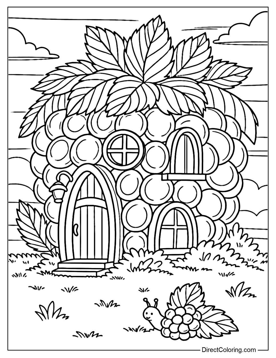 A large raspberry house coloring page growing in the middle of a green grass garden, round raspberries form the walls of the house, the roof is made of large layered leaves.
