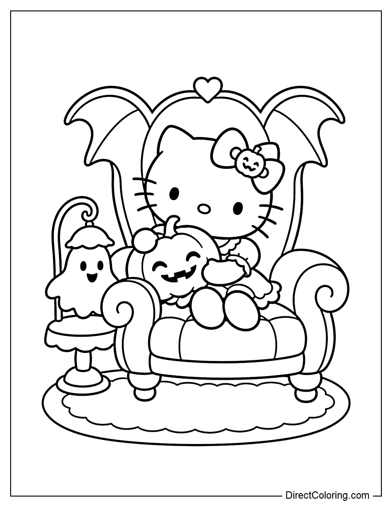 Hello Kitty wears a dress and sits in an armchair with a large bat-wing-shaped backrest, hugging a smiling pumpkin pillow. A small ghost-shaped lamp stands beside the chair, while a simple oval rug lies beneath her feet.