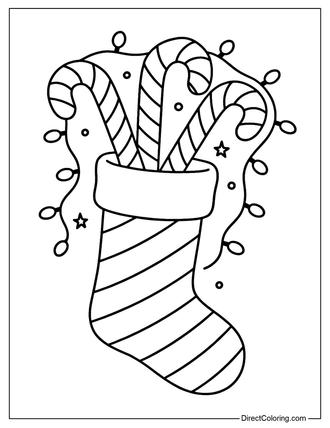 Coloring page of a stocking filled with red and white striped candy canes, with fairy lights all around.