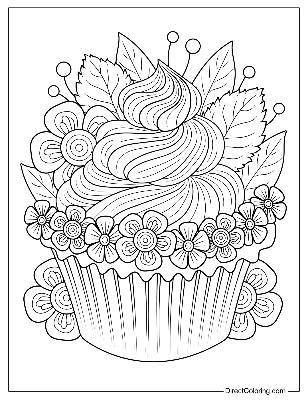 Floral Cupcake Coloring Page
