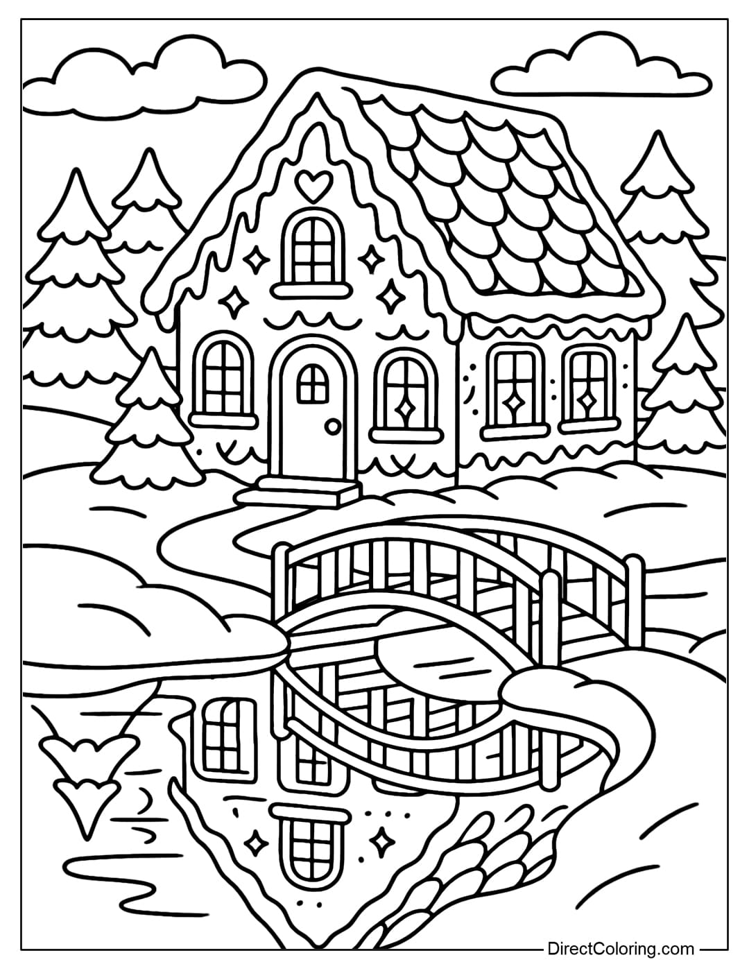 A gingerbread house coloring page next to an icy lake, with a small bridge over the frozen water.