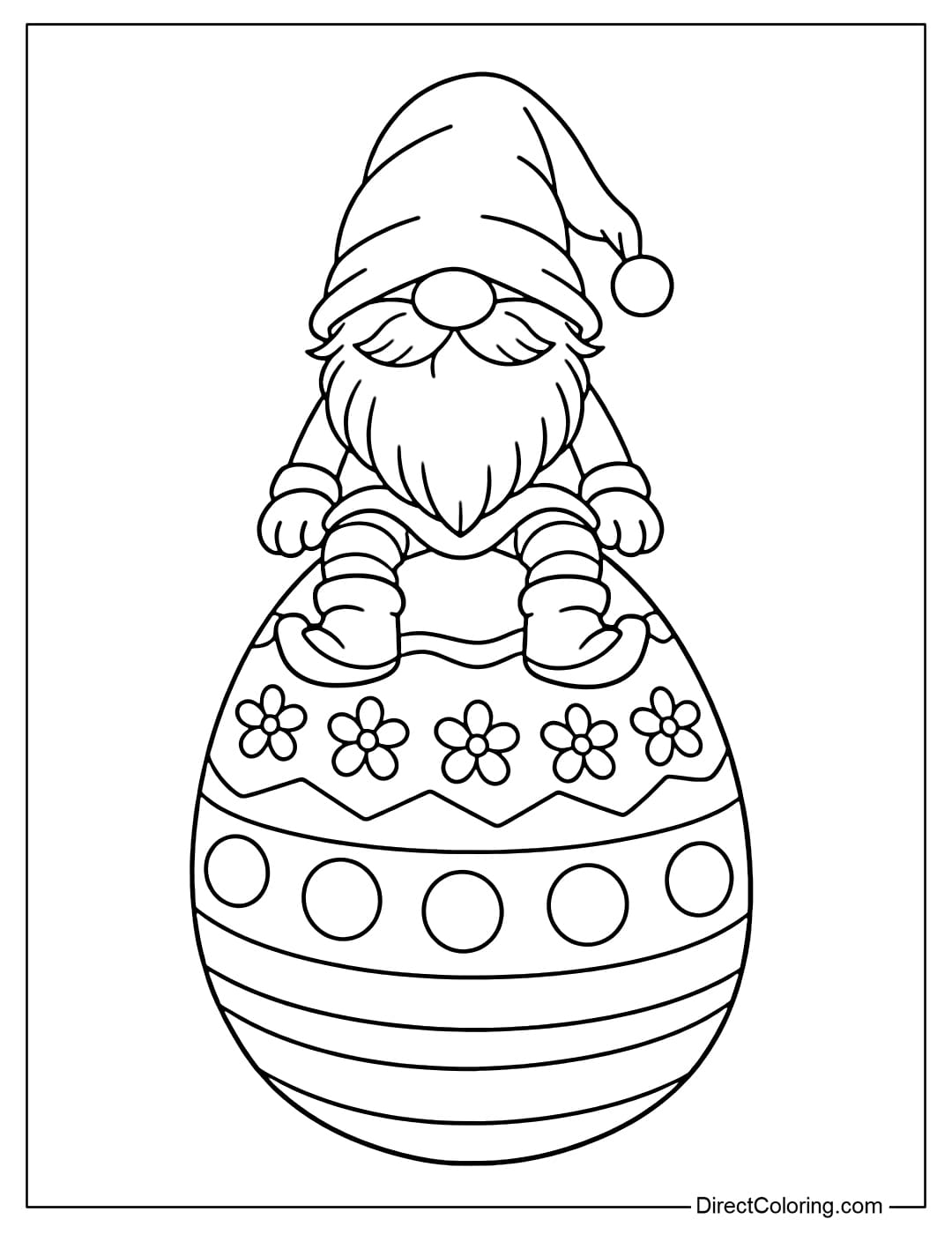 Coloring page of a gnome sitting on a giant Easter egg with simple details.