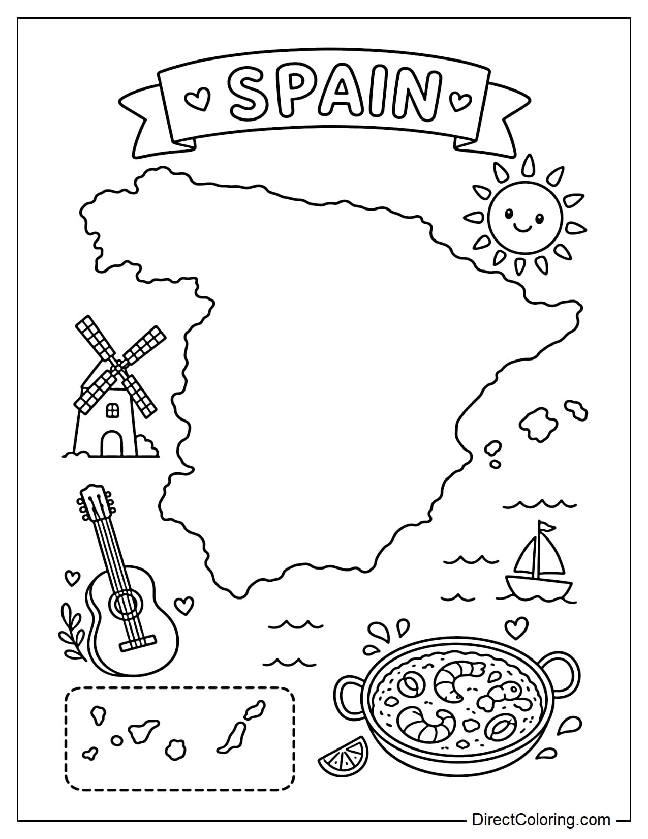 A simple map of Spain with small symbols such as the sun, windmills, and a guitar, typical of Spain.
