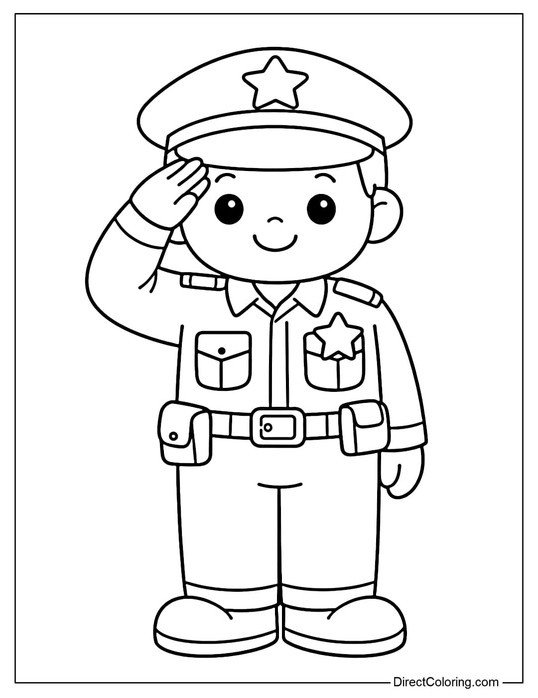 Coloring page of a police officer standing at attention.