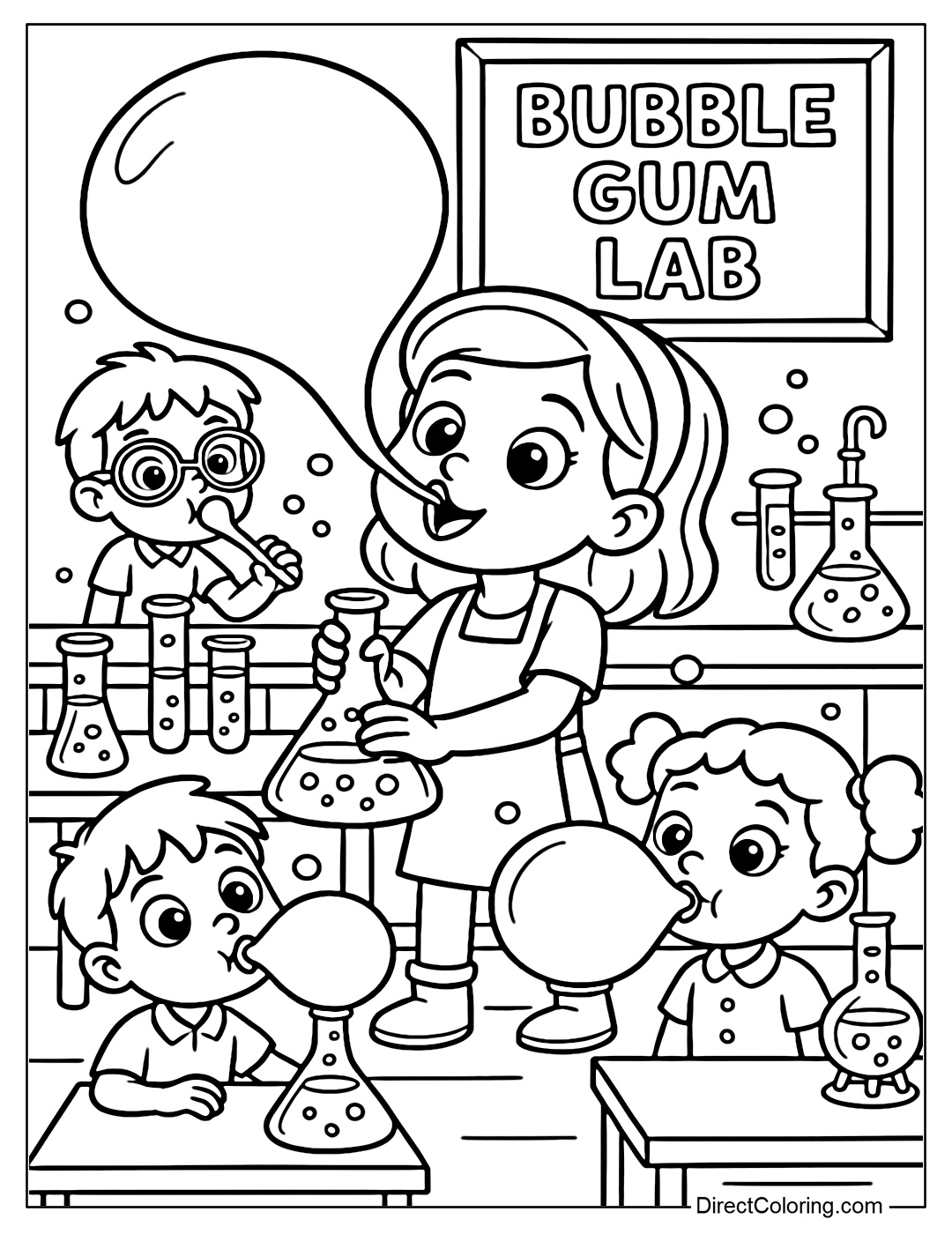 A coloring page of a bubblegum lab where kids are creating giant bubbles with test tubes.