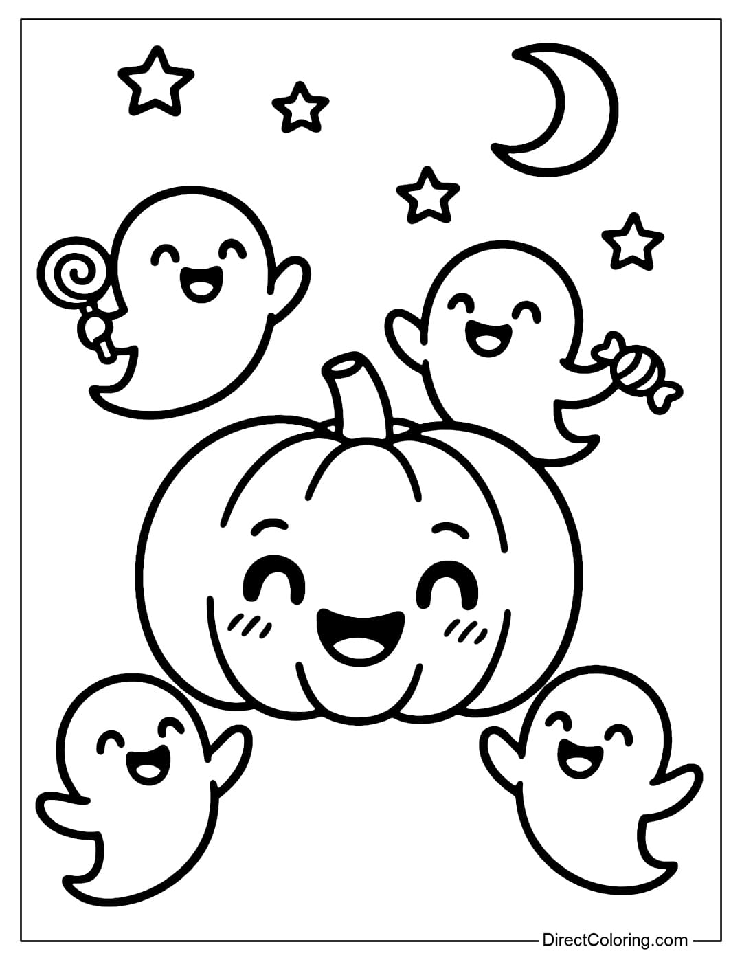 A coloring page of a pumpkin with a few smiling little ghosts, holding candy, dancing on Halloween night.