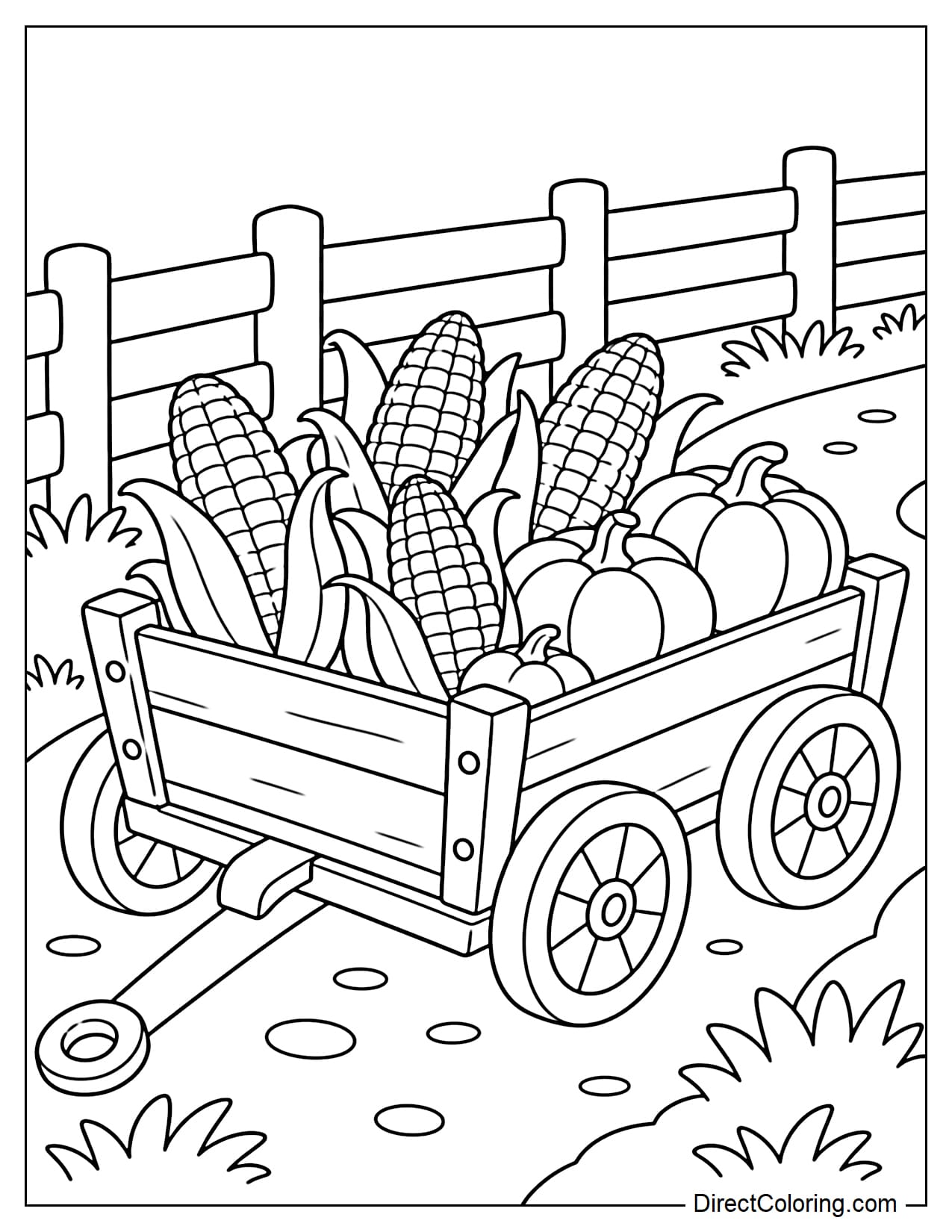 A wooden wagon loaded with corn and some small pumpkins, parked on a farm road with a wooden fence and grass.
