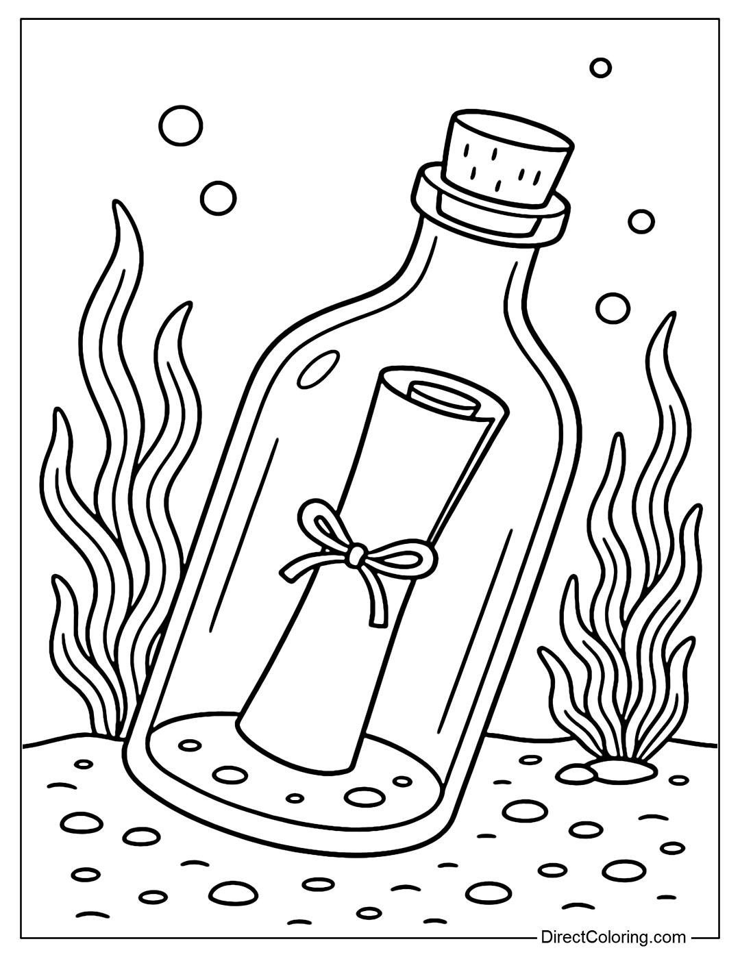 Glass bottle floating on the seabed coloring page, inside is a small scroll.