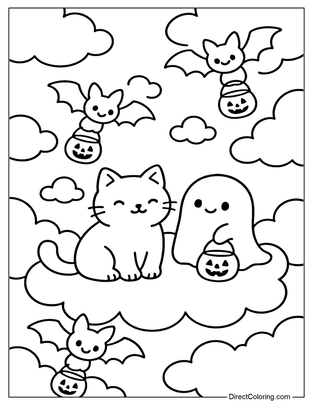 Coloring page of a sky full of cotton candy clouds, cats and little ghosts sitting on clouds, bats flying around carrying baskets of Halloween candy.