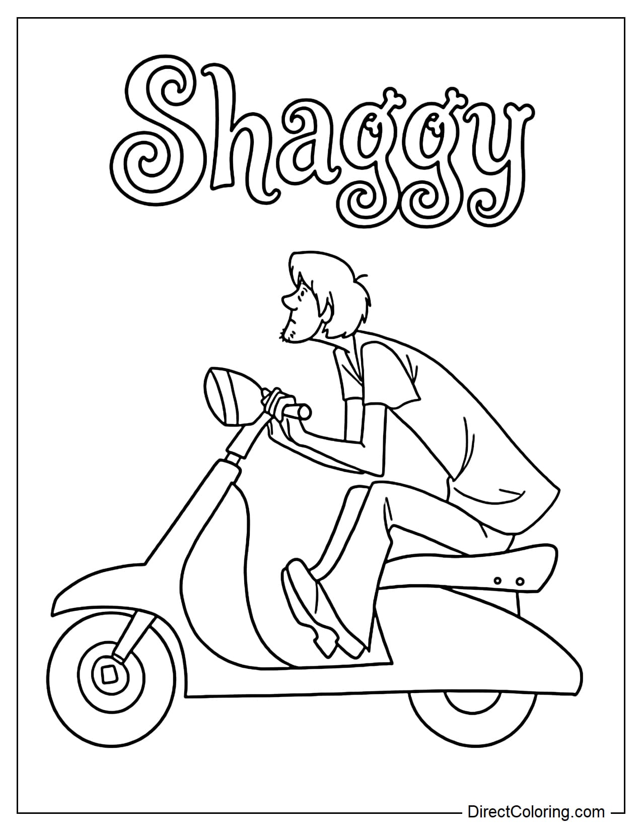 Shaggy is sitting and riding a scooter with a focused expression, with the text 