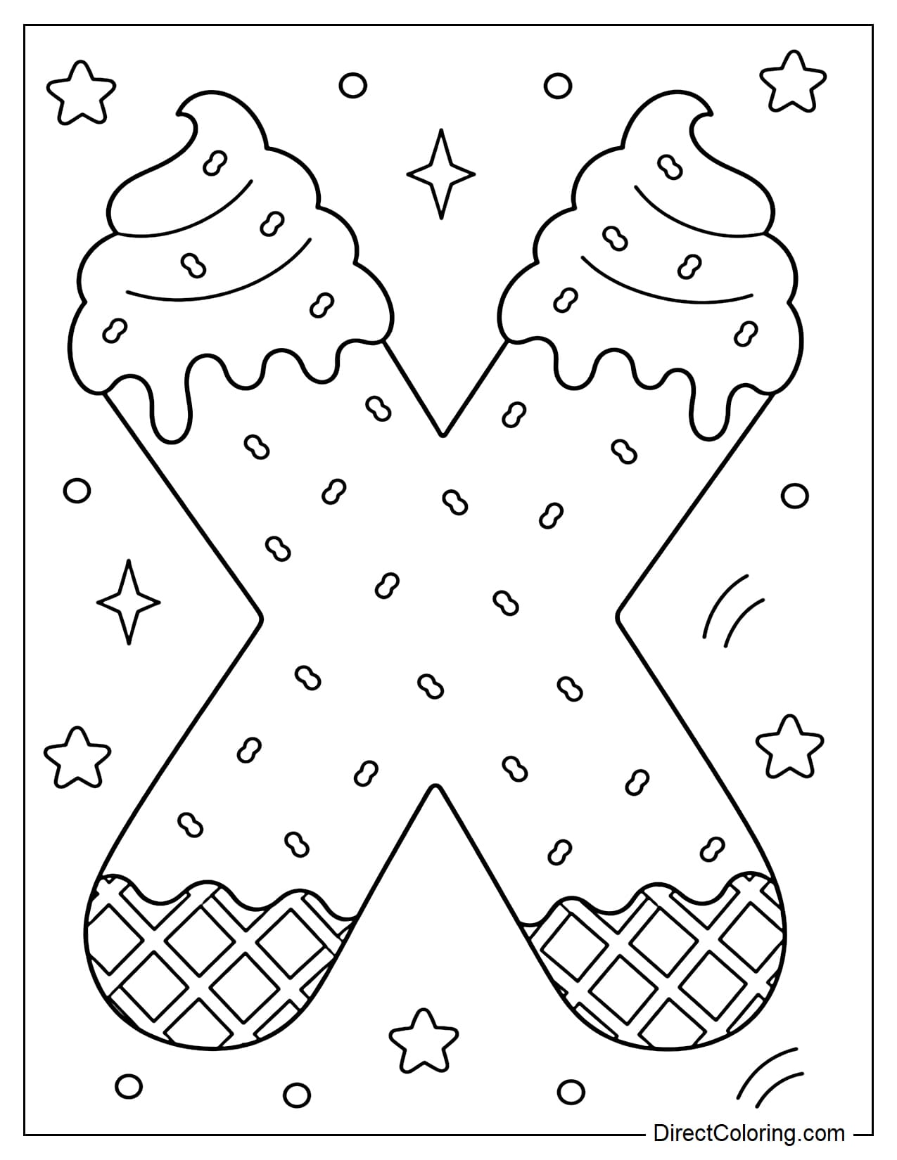 A large, soft-serve letter X made from soft-serve ice cream, with a lightly melted cream topping, sprinkles scattered throughout, and a waffle-like texture at the base. Surrounding it are a few small stars and dots.