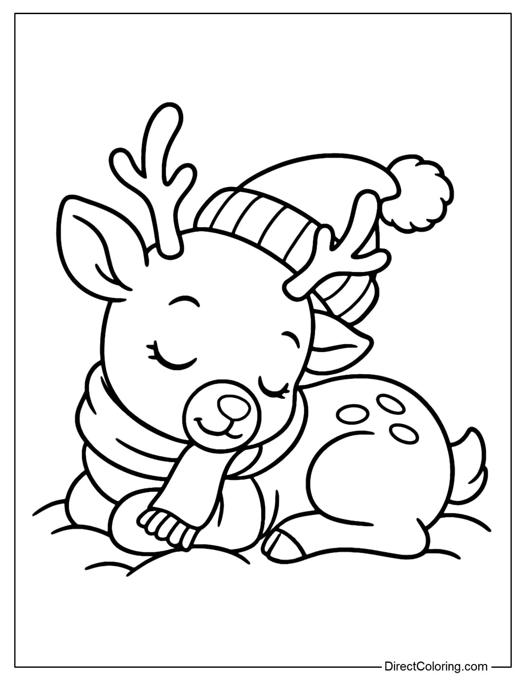 Sleepy Reindeer Coloring Page A coloring page of a little reindeer sleeping peacefully in the snow, with a soft scarf and a crooked woolen hat.