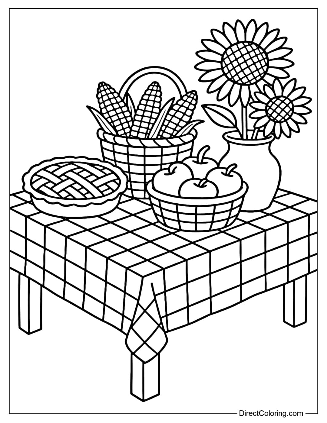A long wooden table covered with a checkered tablecloth, with baked goods, corn baskets, apples, and sunflower vases on the table, symbolizing gratitude and connection during the harvest.