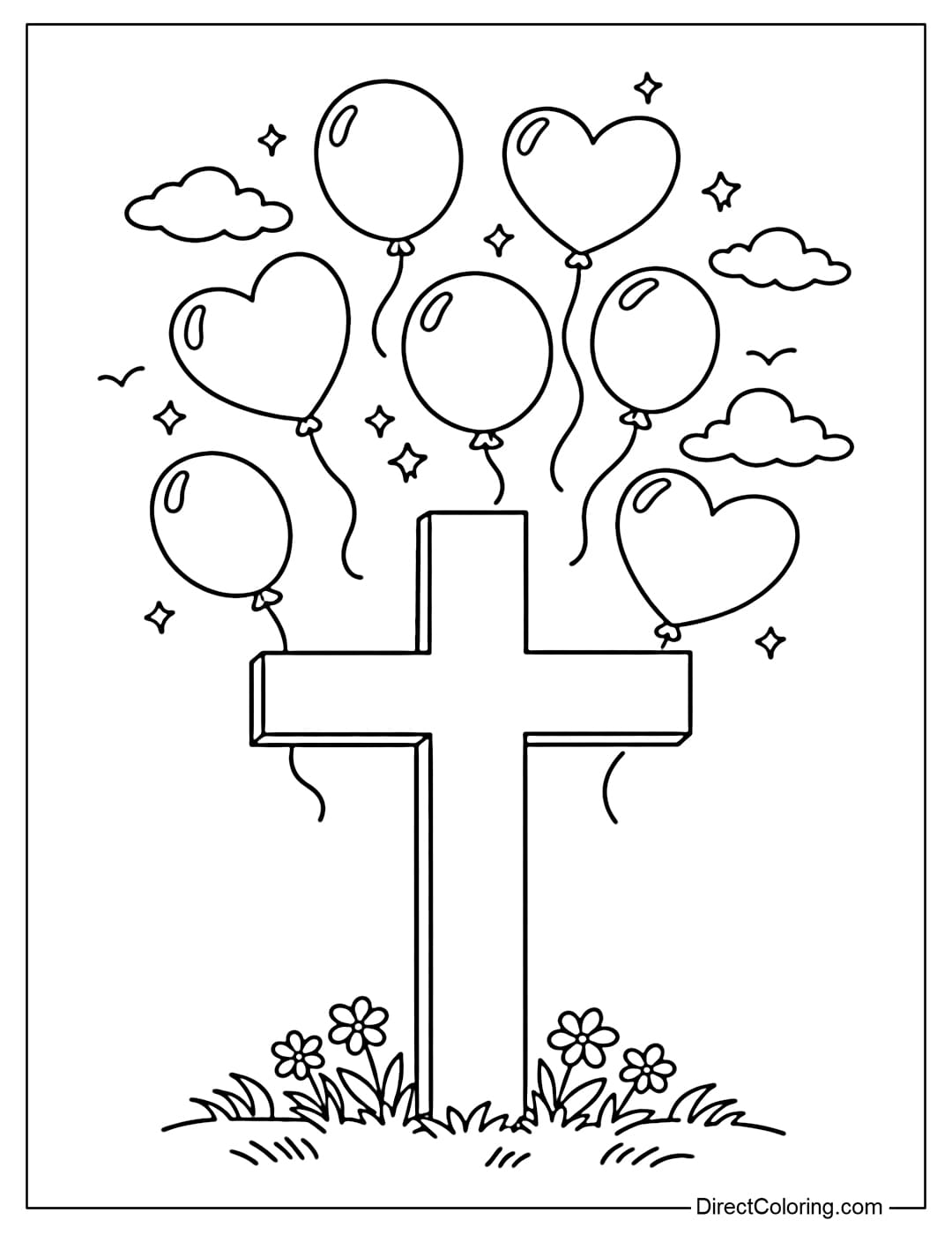 A coloring page of a cross in the center with several round and heart-shaped balloons floating above it.