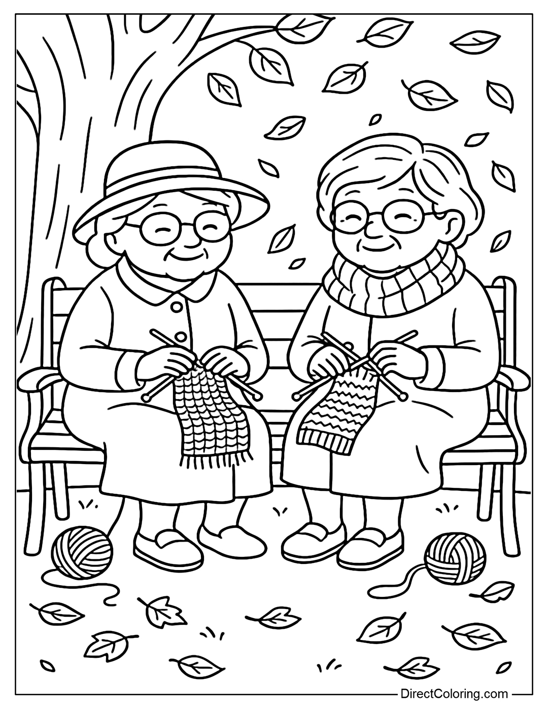Coloring page of two old ladies sitting on a park bench, knitting, one wearing a wide-brimmed hat, the other wearing a scarf.