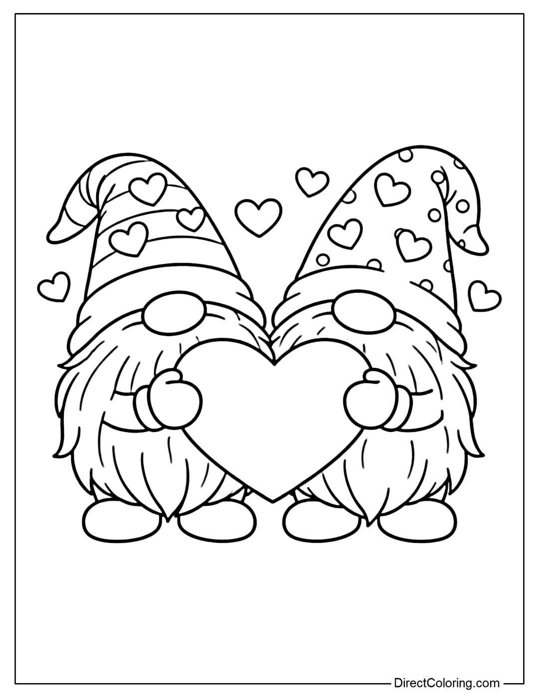 Two gnomes standing next to each other, each holding a large heart in the middle.