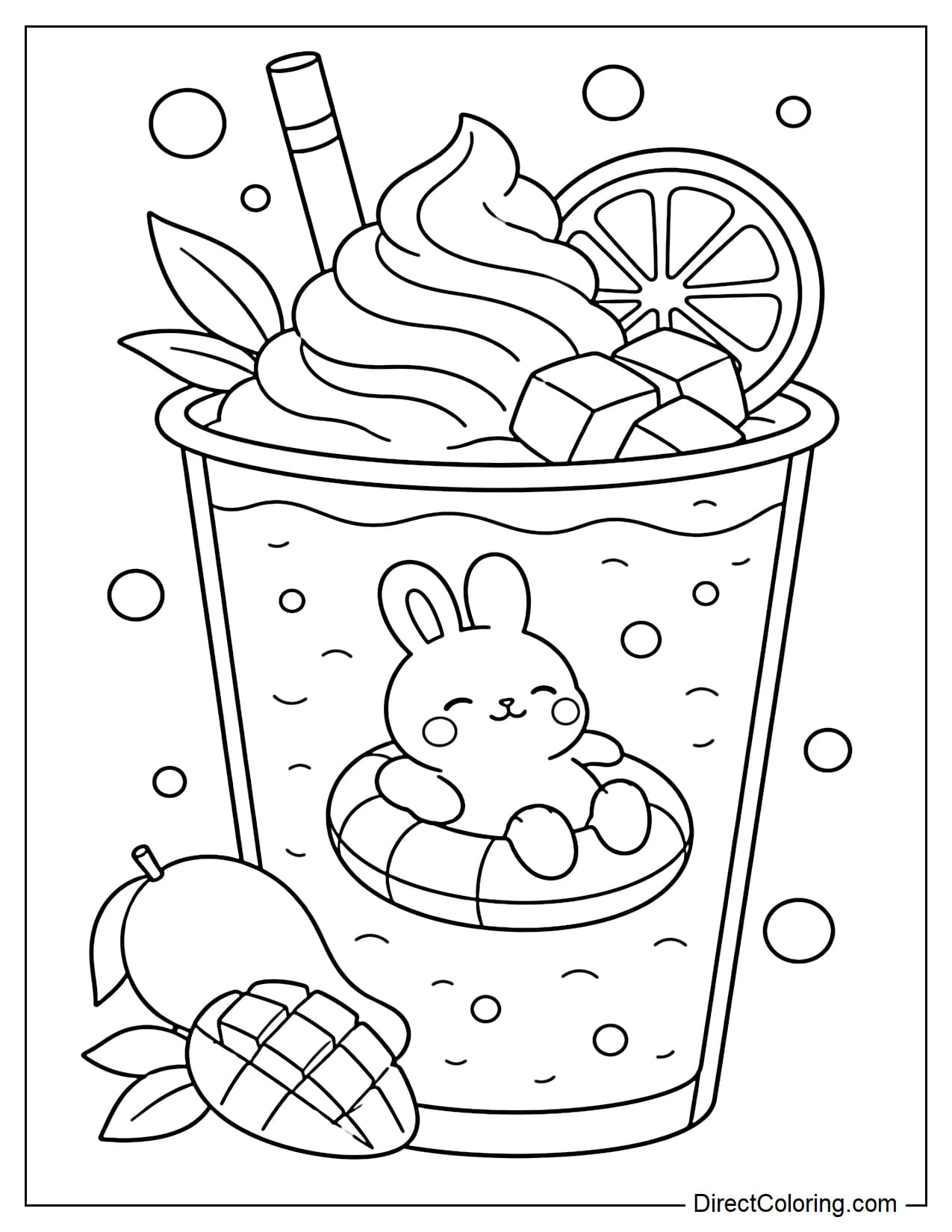 A large mango smoothie with a mini bunny floating inside, seemingly relaxing on a small float. It's topped with a slice of orange, cream, and a few bubbles.