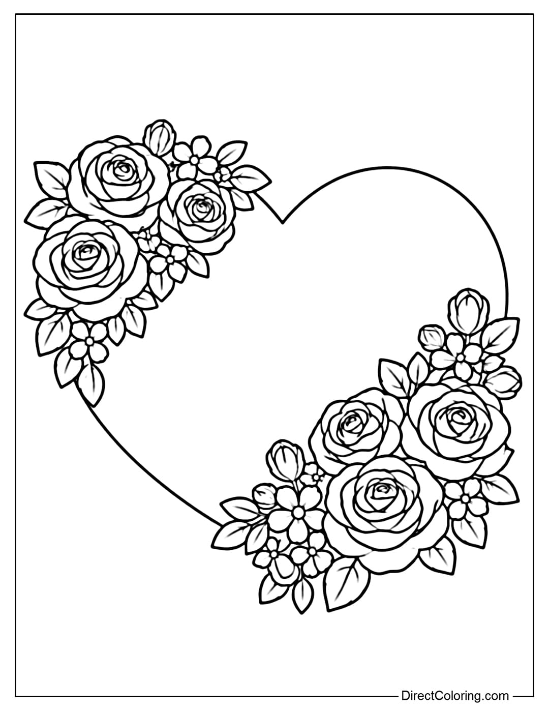 A coloring page of a heart decorated with roses, a mix of large and small flowers with simple leaves.