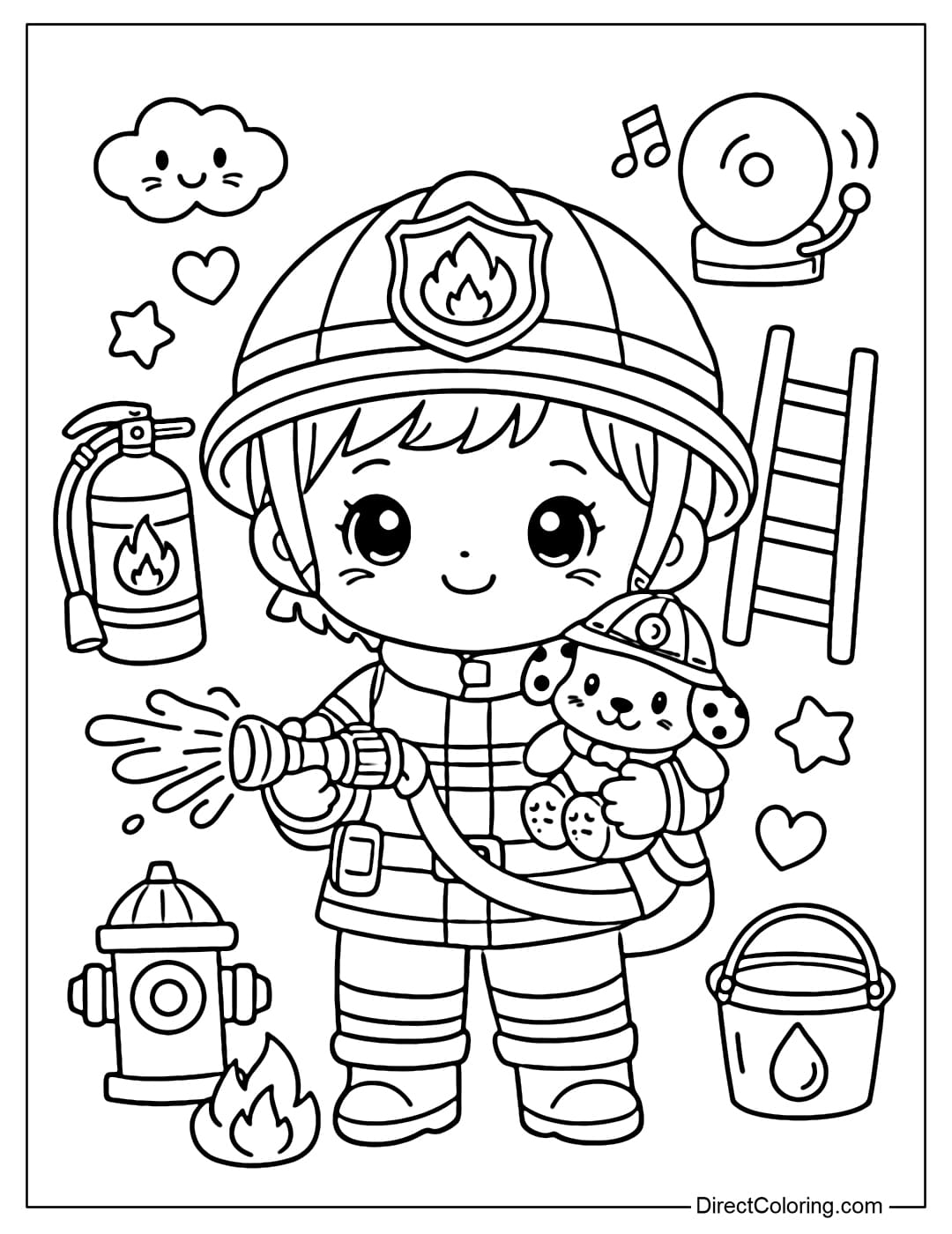 Coloring page of a cute baby wearing a firefighter outfit.
