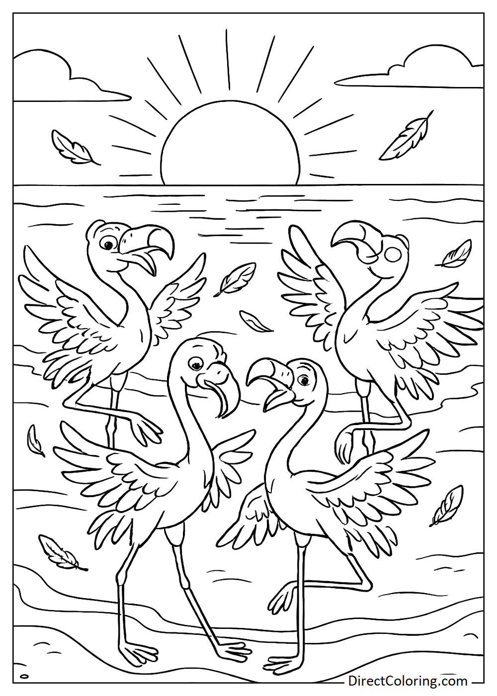 Flamingos dancing on the beach coloring book