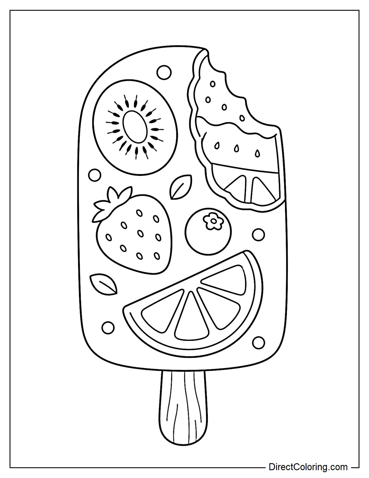 A fruit popsicle with a bitten corner, revealing simple layers inside.