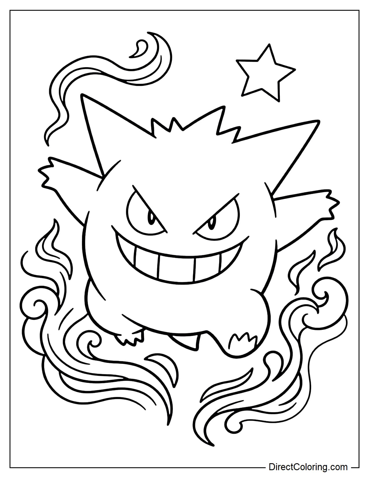 Gengar has a mischievous smile, arms slightly raised to the sides, its large, round body surrounded by swirling smoke and stars.