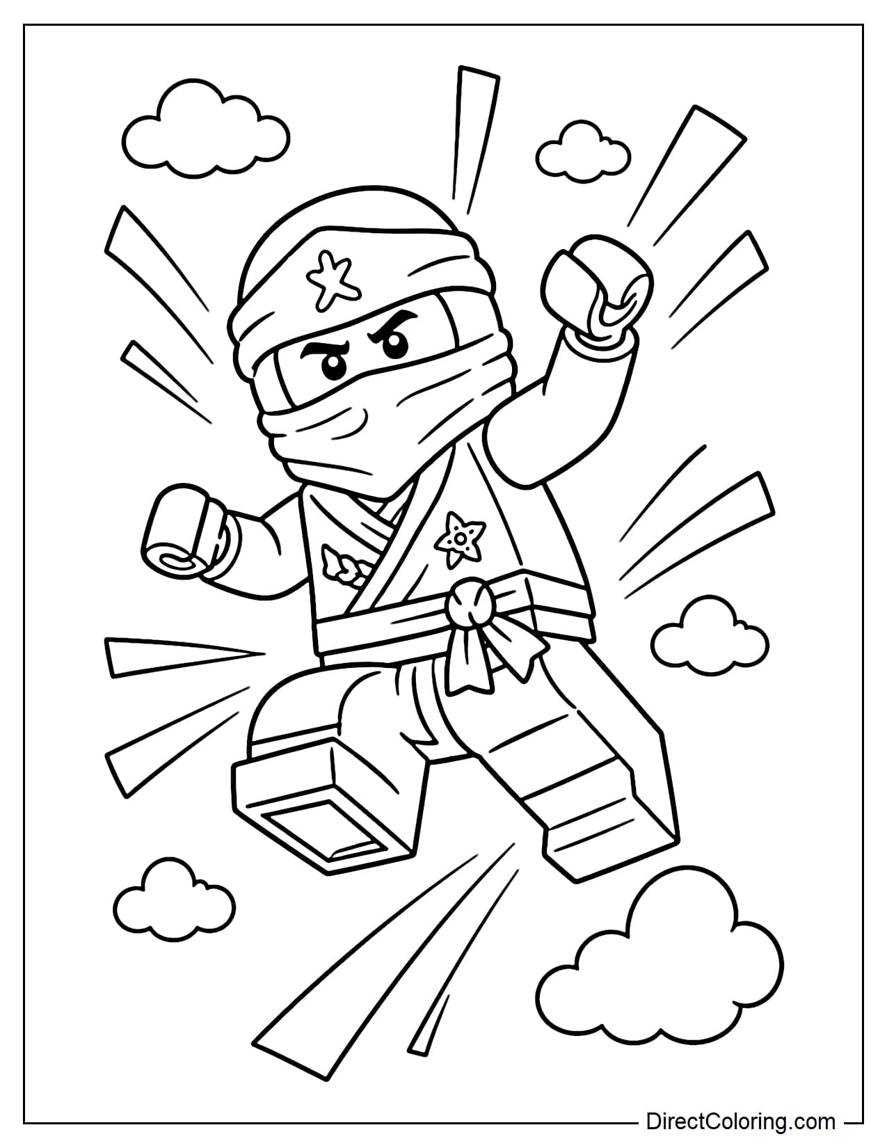 A LEGO ninja is jumping in a powerful pose, surrounded by large moving beams and small clouds.