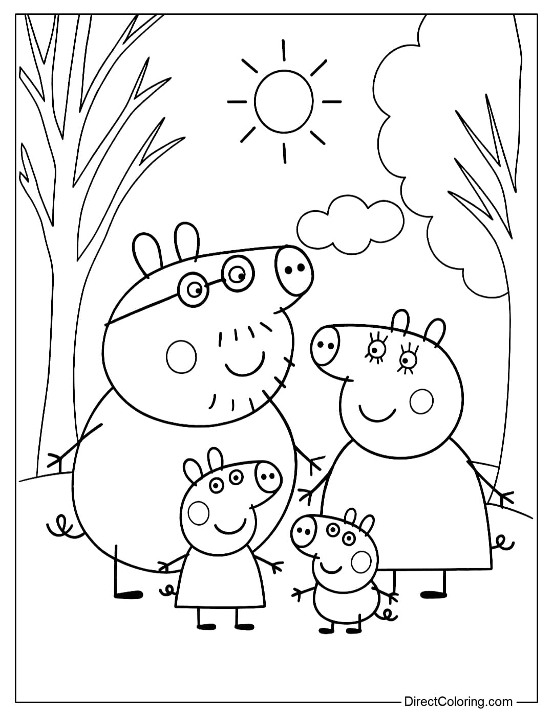 A coloring page of Peppa Pig's family going out on a sunny day, with a tree and a bright sun shining.