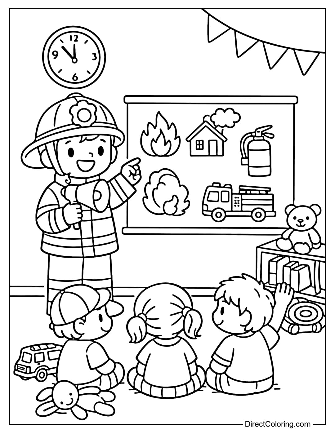 Coloring page of a firefighter explaining fire safety to children in the classroom.