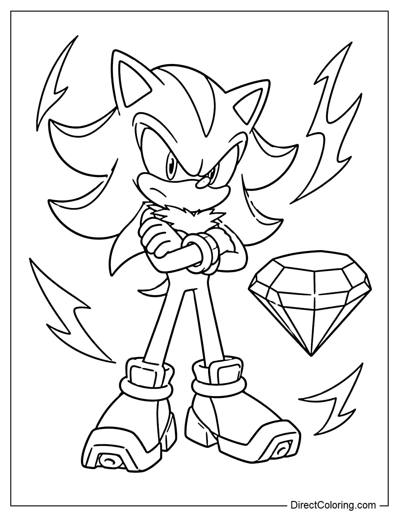 Shadow stands in a cool and powerful pose, surrounded by energy beams and a large Chaos Emerald.