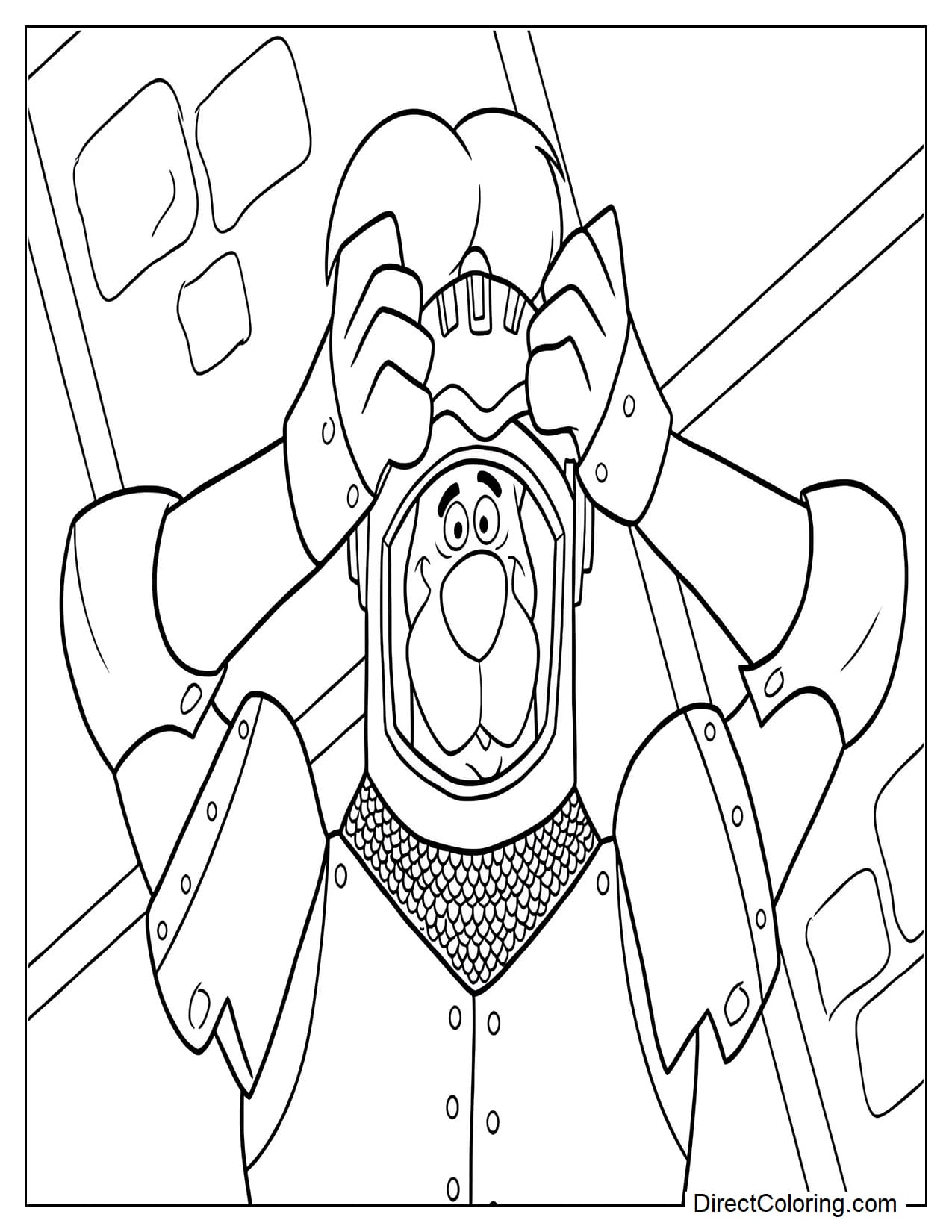 Scooby-Doo is wearing a knight armor costume with a metal helmet, showing a surprised and funny expression.
