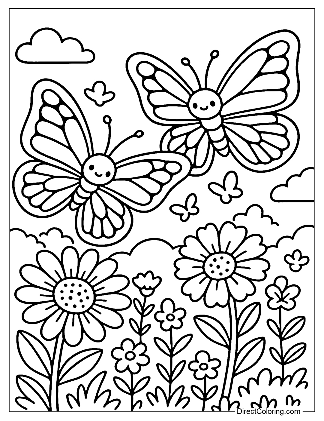 A quiet garden coloring page with several large flowers, on which are giant butterflies