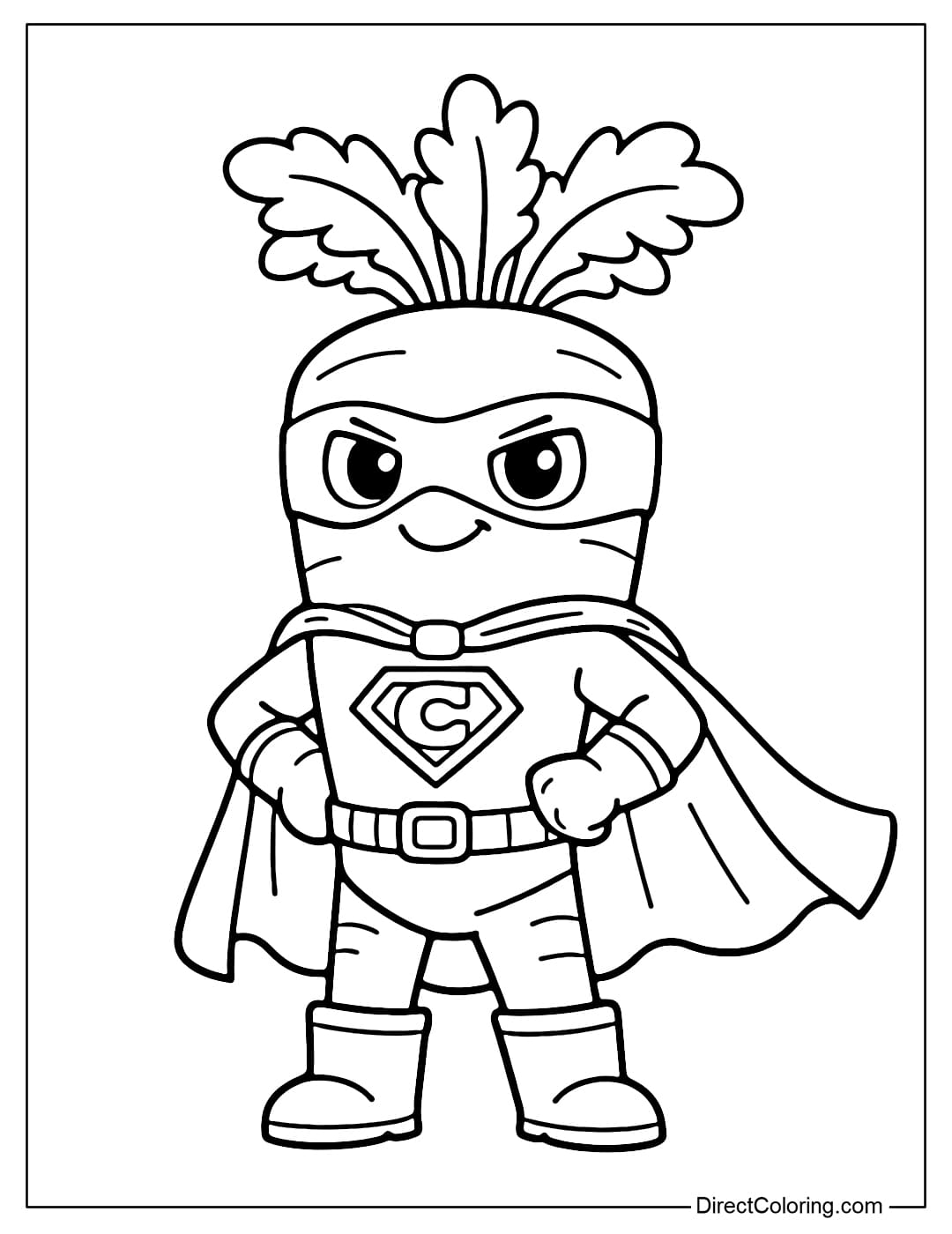 A carrot in a superhero costume with a cape and a simple symbol on its chest, standing confidently.