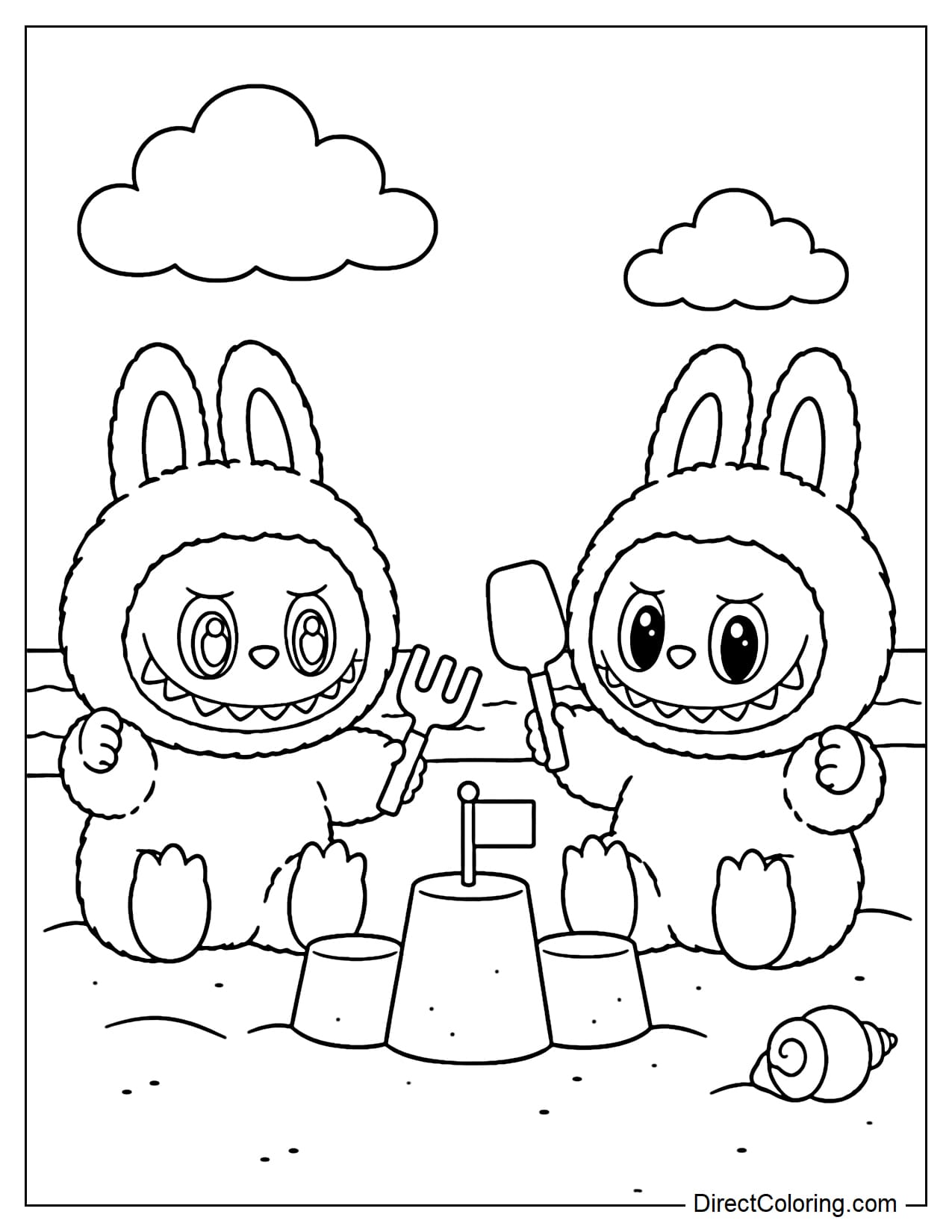 Two Labubu are sitting on the sand, each holding a toy shovel and rake, building a sandcastle surrounded by seashells.