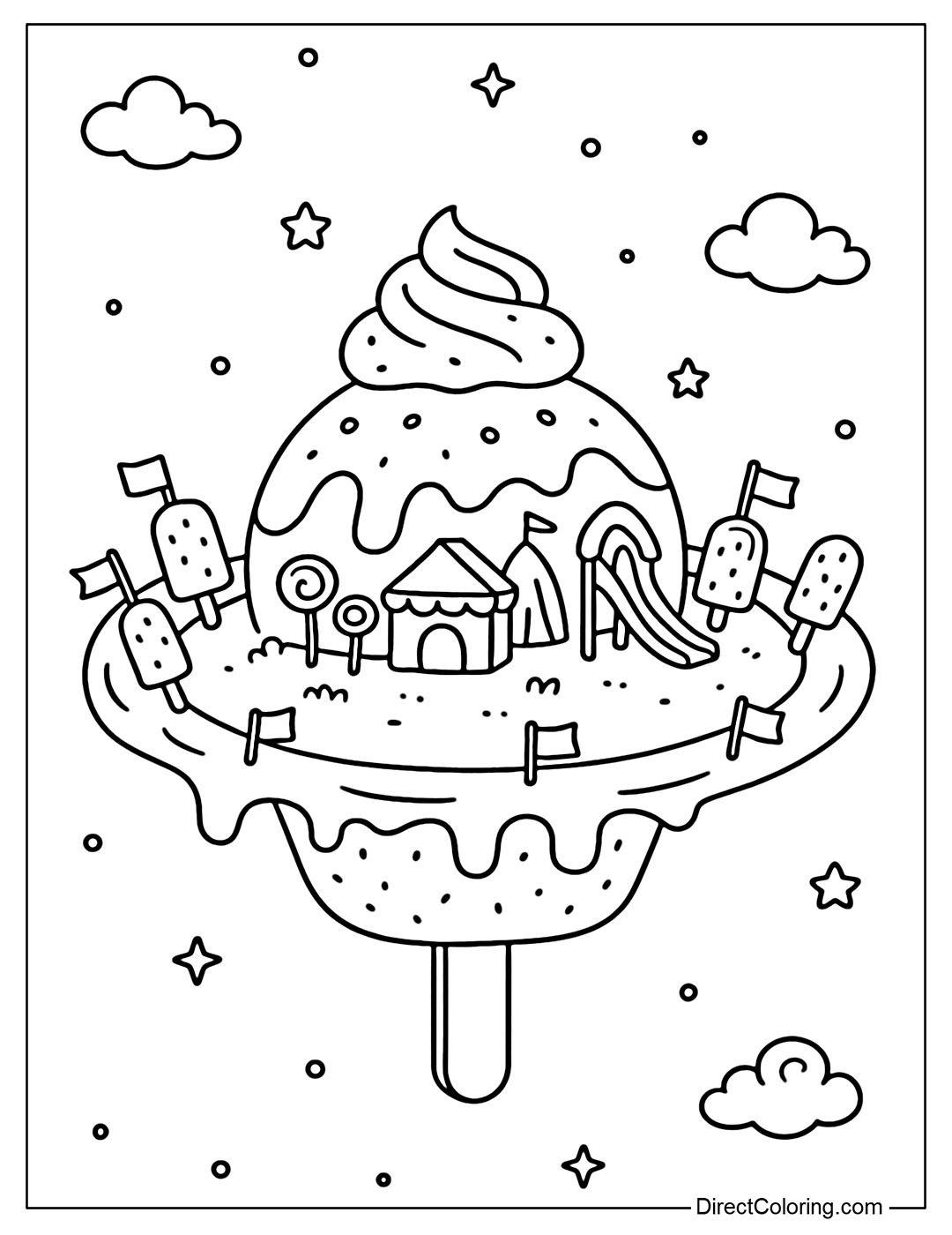 A multi-flavored popsicle planet coloring page, with a candy resident playground on the surface. The belt is a mini popsicle parade, each stick has a small flag flying around the planet.